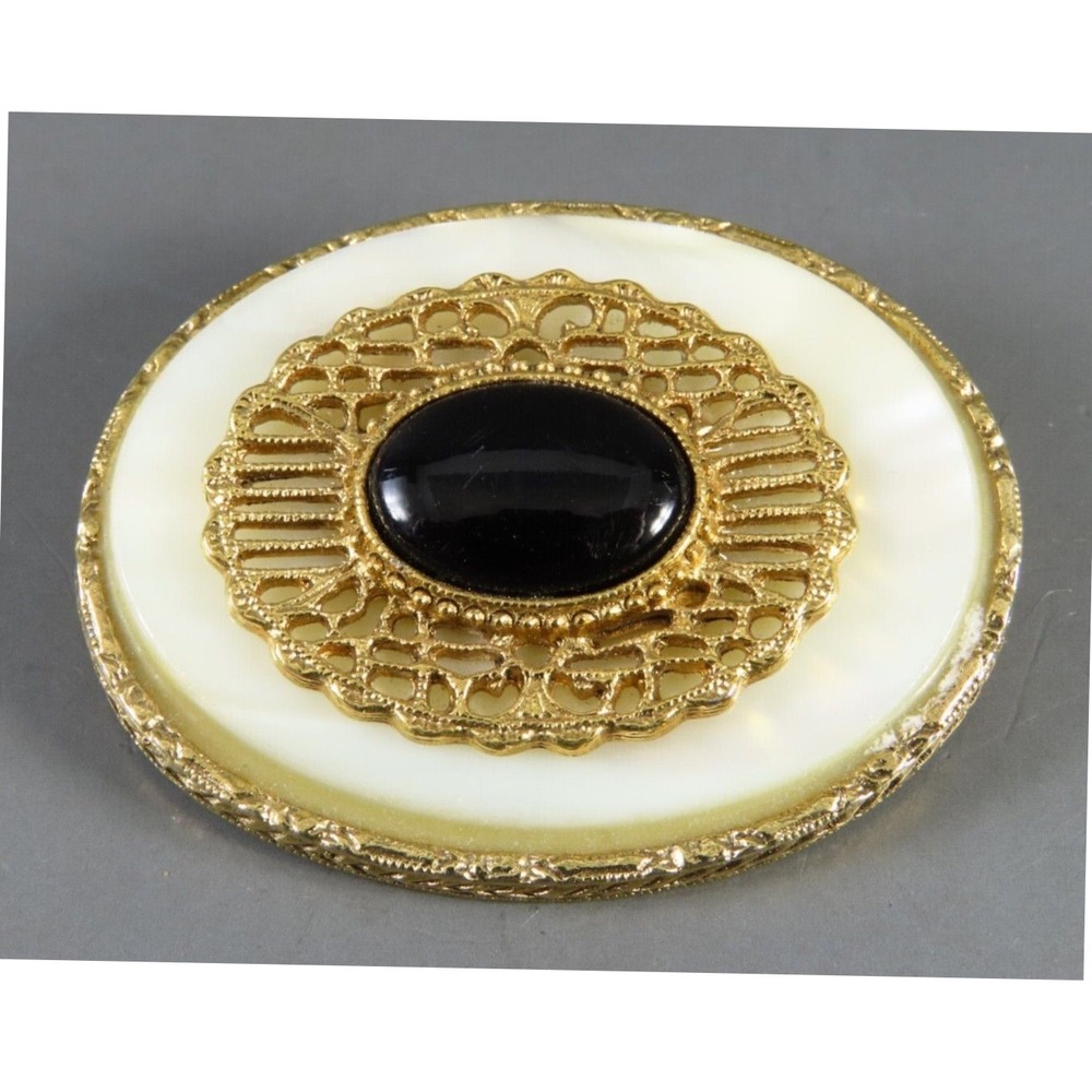 1928 BRAND VTG Brooch Pin Gold Tone BLACK CABOCHON CENTER Mother/Pearl FILIGREE
